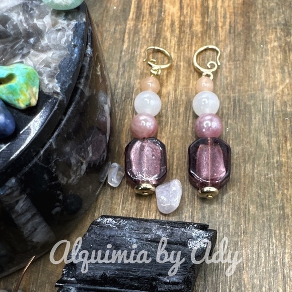 Pink Quartz moonstone long dangle gold Bon bon earrings - Picture 1 of 1
